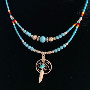Turquoise and Silver Dream catcher Seed Bead  Necklace